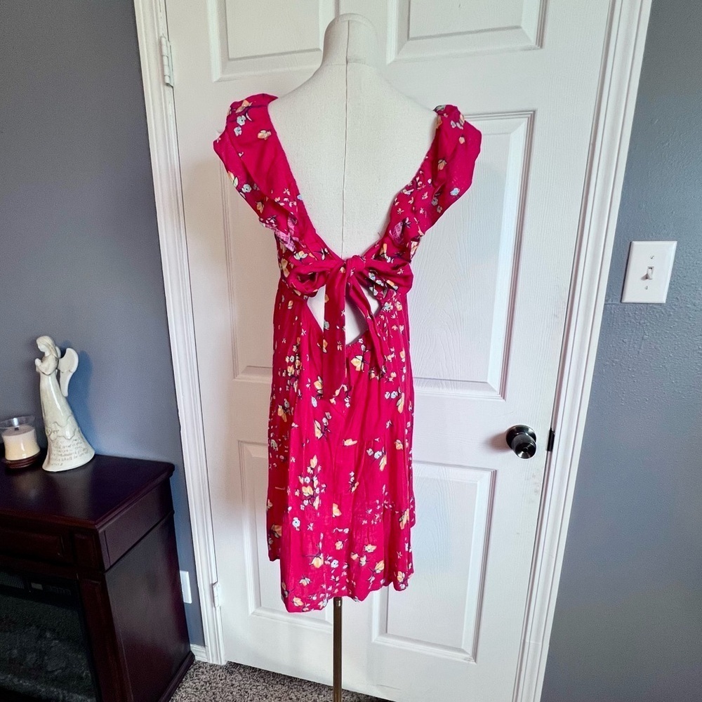 LC Lauren Conrad NWT Ruffle Fit & Flare Apron Linen‎ Dress Red Lemon Orchard M - Picture 5 of 12